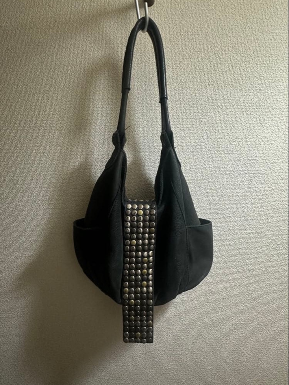 Japanese brand Studded Black Leather Shoulder Bag
